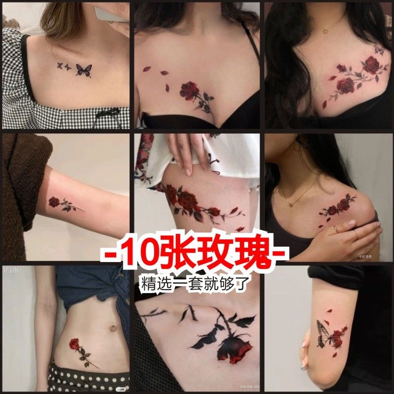 Tattoo Stickers Rose Flower Chest Dark Red Butterfly Tattoo Waterproof Long-Lasting Trendy Pattern for Women and Men
