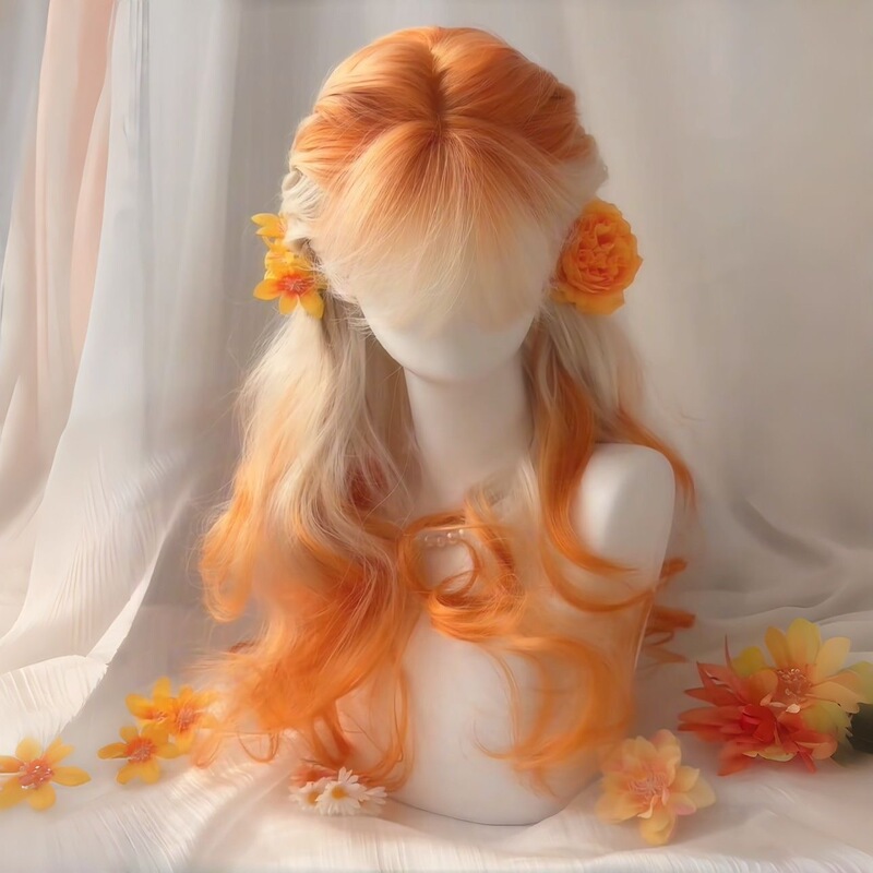 【Platinum Flame Gold】Long Curly Wig for Women with Bangs, Gradient Orange, Large Waves, Natural Full Head Wig 【Platinum Flame Gold】Long Curly Wig for Women with Bangs, Gradient Orange, Large Waves, Natural Full Head Wig