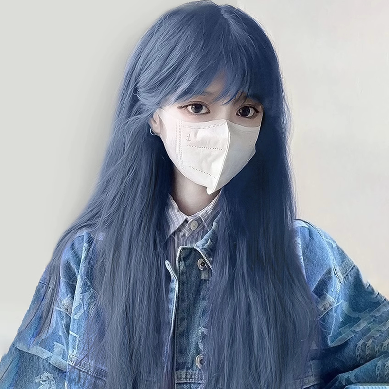 Wig for Women with Long Hair, Blue-Gray Highlights, Cosplay Full Wig, Haze Blue Long Straight Hair, Realistic Human Hair Blue Wig Set Wig for Women with Long Hair, Blue-Gray Highlights, Cosplay Full Wig, Haze Blue Long Straight Hair, Realistic Human Hair Blue Wig Set