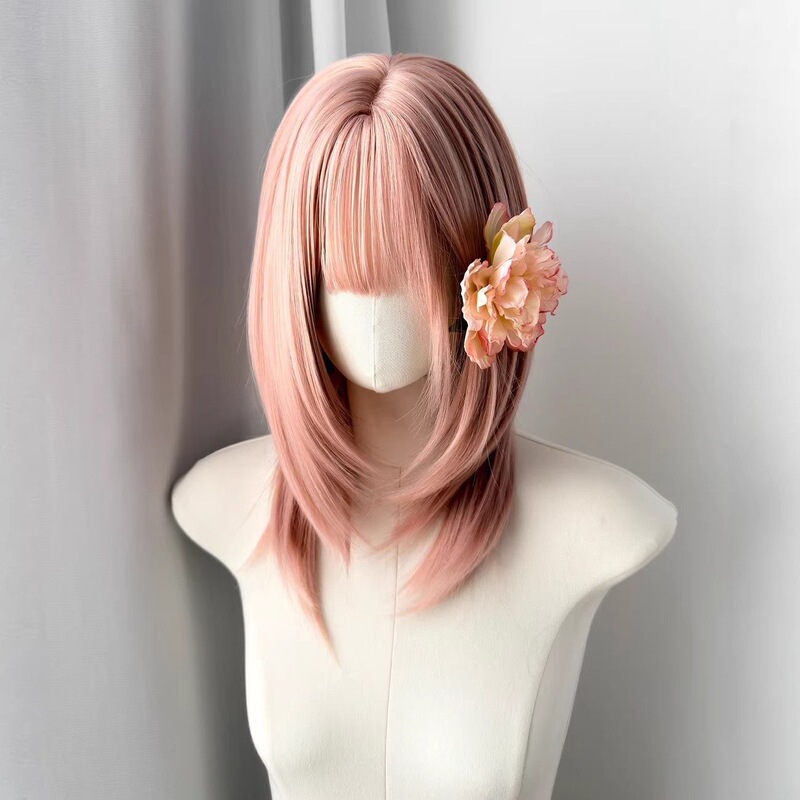 Light Pink Full Bangs Wig for Women, High-Layered Collarbone-Length Hair, Full Head Wig for Daily Cosplay, Internet Celebrity Style, Natural Look