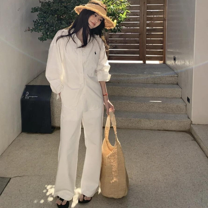 White Pony Embroidered Linen Shirt, Long-Sleeved Cotton and Linen Simple Suit, Lazy Style Outfit, Wide-Leg Pants Three-Piece Set for Women