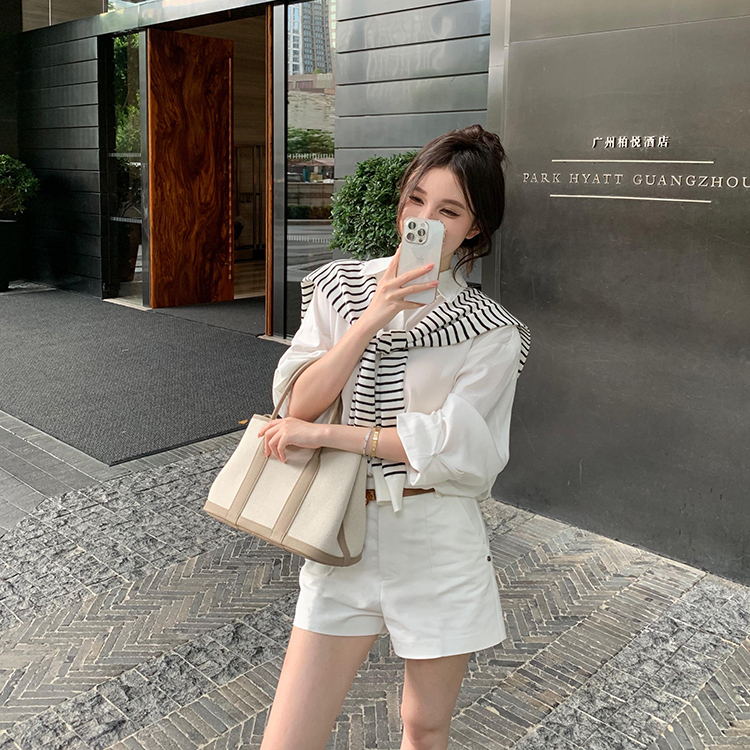Old Money Style Linen Shirt Three-Piece Set White Casual Pants Wide-Leg Pants Loose Shorts Sun Protection Cotton-Linen Top Set