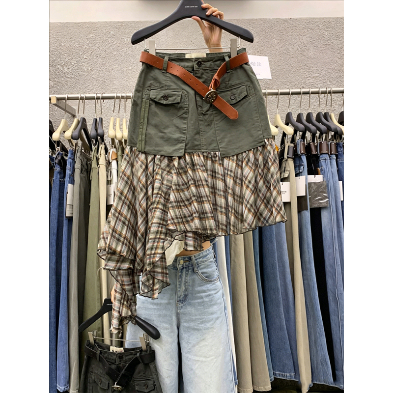 High Street Style Plaid Patchwork Skirt for Women, New Summer Style, High-Waisted, Slimming, Stylish, Asymmetrical Mid-Length Skirt