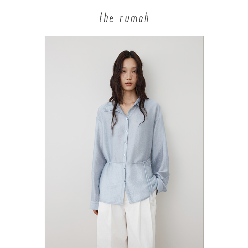 The Rumah Drawstring Waist-Cinching Silhouette Shirt, Loose and Slightly Sheer Long-Sleeved Sun Protection Shirt Top