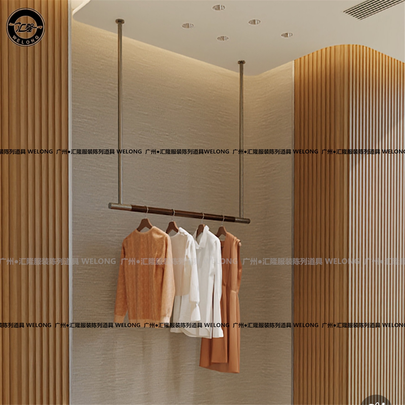 Old Money Style Clothing Store Wall Display Rack with Leather-Covered Stainless Steel Hangers, Shoe and Bag Luminous Shelf Rack, Boutique Store Old Money Style Clothing Store Wall Display Rack with Leather-Covered Stainless Steel Hangers, Shoe and Bag Luminous Shelf Rack, Boutique Store