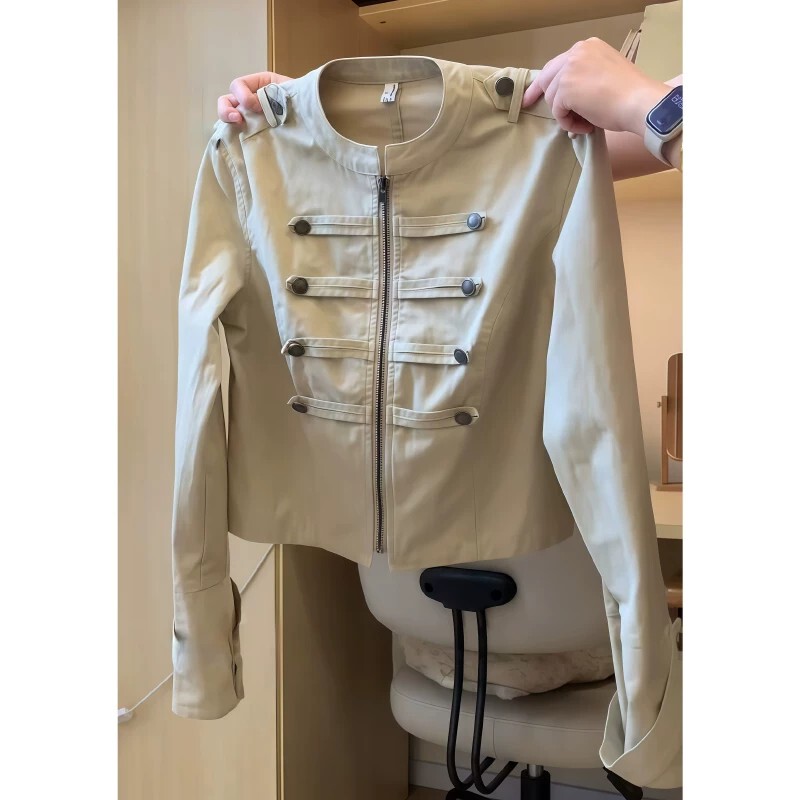 Hong Kong Style Retro Napoleon Double-Breasted Khaki Jacket for Women 2026 Autumn New Design Spicy Girl Jacket Top Hong Kong Style Retro Napoleon Double-Breasted Khaki Jacket for Women 2026 Autumn New Design Spicy Girl Jacket Top