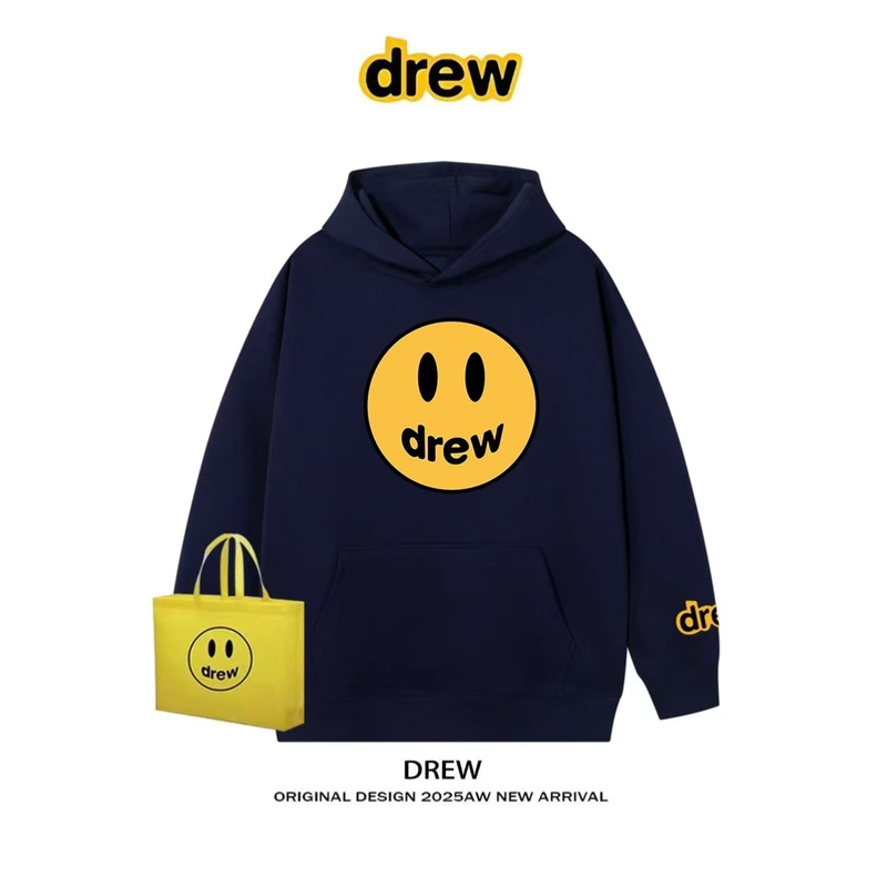 Drew Smiley Face American-Style Hooded Sweatshirt for Men and Women, Autumn and Winter Trendy Brand Loose Pure Cotton Hoodie, Couple Style Fleece-Lined Jacket