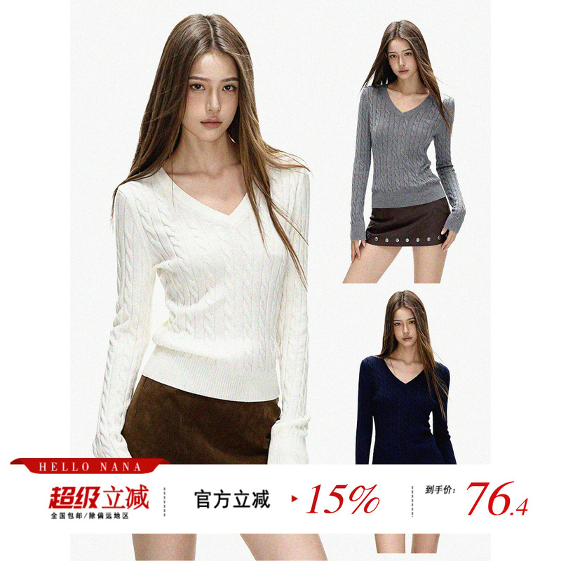 Hellonana Twist V-Neck Long-Sleeved Knitwear for Women in Autum Slim Fit White Embroidered Knitwear Inner Top