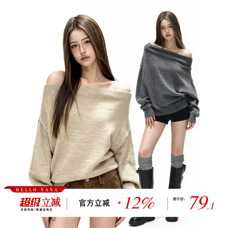 Hellonana Lazy Loose One-Shoulder Long-Sleeved Knitwear for Women in Autum, Elegant Slanted Shoulder Knitwear, Off-Shoulder Top