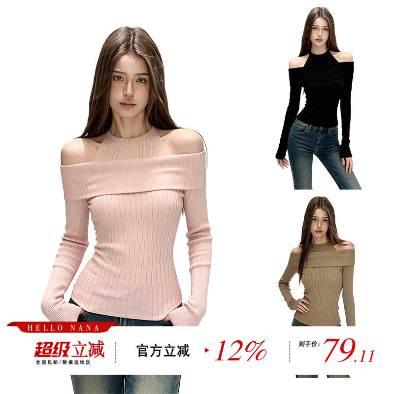 Hello Nana Design-Inspired Two-Piece Look Off-Shoulder Long-Sleeve Knit Top for Women, Spring Slim-Fit One-Shoulder Top