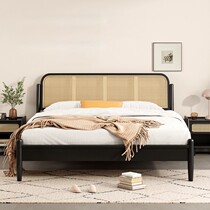 Retro rattan solid wood bed simple ash wood double bed modern simple hotel bed and breakfast bed bedroom double bed