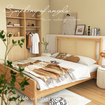 8KIJ solid wood bed rattan bed modern minimalist master bedroom log wabi-sabi double bed retro new Chinese style bed and breakfast Zen