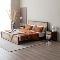 Rattan bed rattan bed bedroom home double bed Japanese style wabi-sabi style modern simple solid wood retro large bed