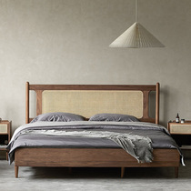 Black walnut solid wood rattan bed Nordic simple single 1 5 meters 1 8 master and secondary bedroom double bed light luxury wedding bed