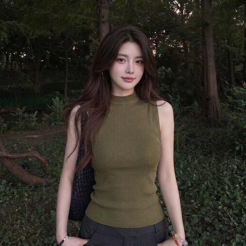 Hot Girl Style Retro Green Stand-Up Collar Camisole for Women, New Summer Chic Sleeveless Outerwear Knitted Top Hot Girl Style Retro Green Stand-Up Collar Camisole for Women, New Summer Chic Sleeveless Outerwear Knitted Top