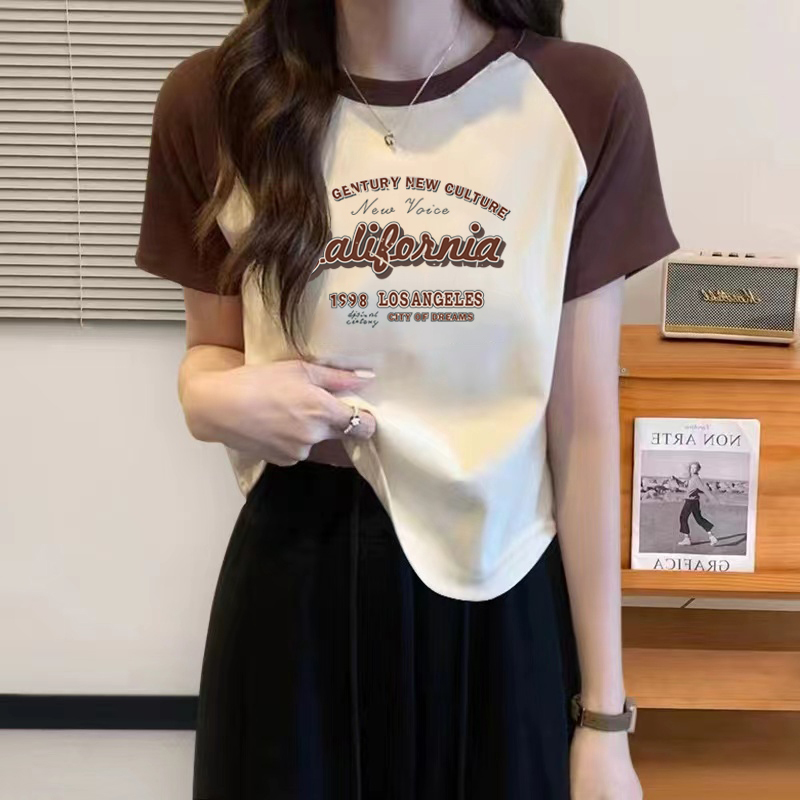 American Retro Pure Cotton Raglan Curved Short-Sleeve T-Shirt for Women, Summer Regular Shoulder Loose Fit Color-Block Half-Sleeve Irregular Top American Retro Pure Cotton Raglan Curved Short-Sleeve T-Shirt for Women, Summer Regular Shoulder Loose Fit Color-Block Half-Sleeve Irregular Top