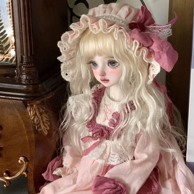 New Bjd Wig with High-Temperature Resistant Hair, Light Golden Color, Straight Bangs, Ocean Wave Long Curly Hair, Forest-Style Elegant Wig Gift