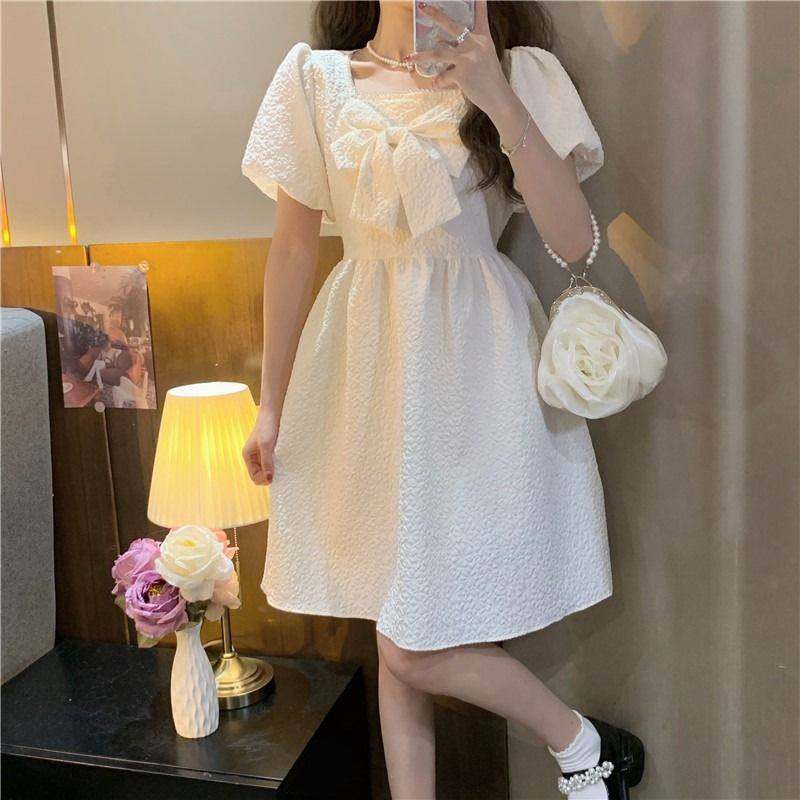 Summer French design sense niche high sense square collar white bow dress fairy skirt cake skirt skirt