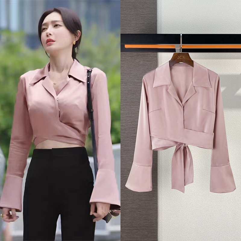 Shining Her: Qin Lan's Same Style Satin Shirt for Women, High-End Autumn Pink, Elegant Waist-Cinching Short Top with Bell Sleeves