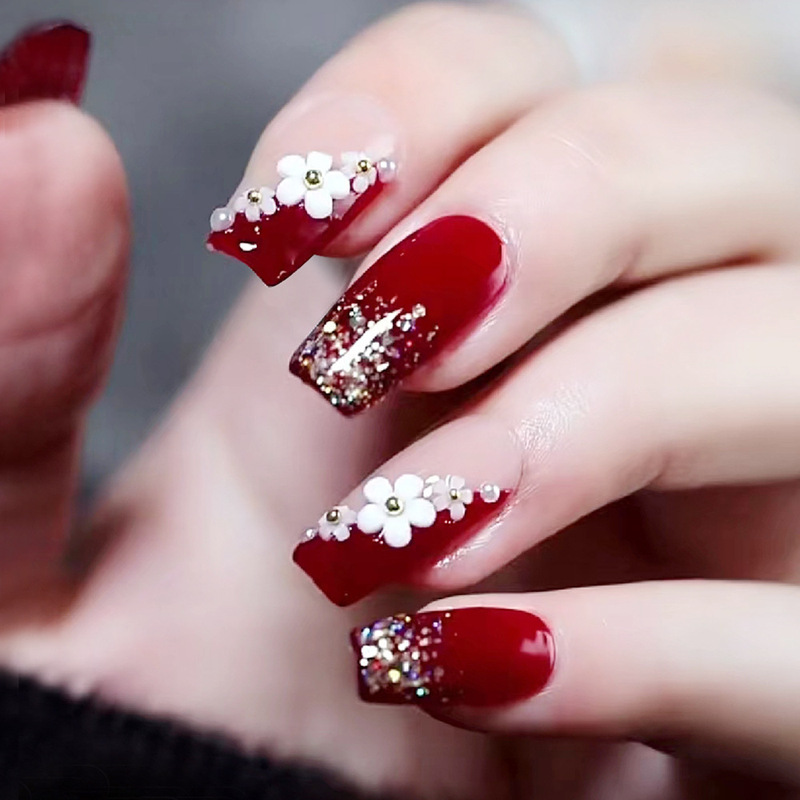 Three-Dimensional Camellia Press-On Nails, Medium-Short Style, Burgundy Bridal Fake Nail Patches, New Year Glitter Nail Art Tips Three-Dimensional Camellia Press-On Nails, Medium-Short Style, Burgundy Bridal Fake Nail Patches, New Year Glitter Nail Art Tips