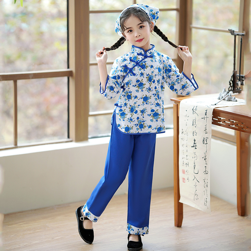 Children's Rural Costume, Girl's Floral Dress, Tea-Picking Dance Costume, Yangko Costume, Nostalgic Rural Red Sorghum Performance Costume Children's Rural Costume, Girl's Floral Dress, Tea-Picking Dance Costume, Yangko Costume, Nostalgic Rural Red Sorghum Performance Costume
