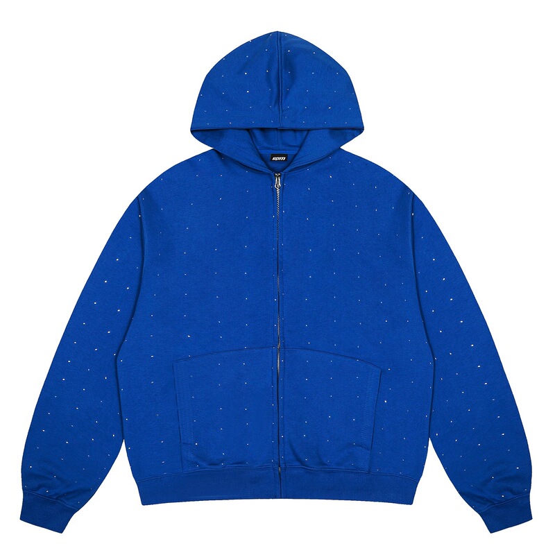 Sixpm/6Pm American-Style Niche Sports Hooded Sweatshirt with Rhinestone Lettering and Zipper, Trendy Outerwear
