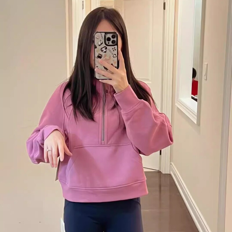 Women's Scub Loose Half-Zip Stand-Up Collar Chimney Fleece Sweatshirt Casual Autumn and Winter Warm Fitness Yoga Jacket