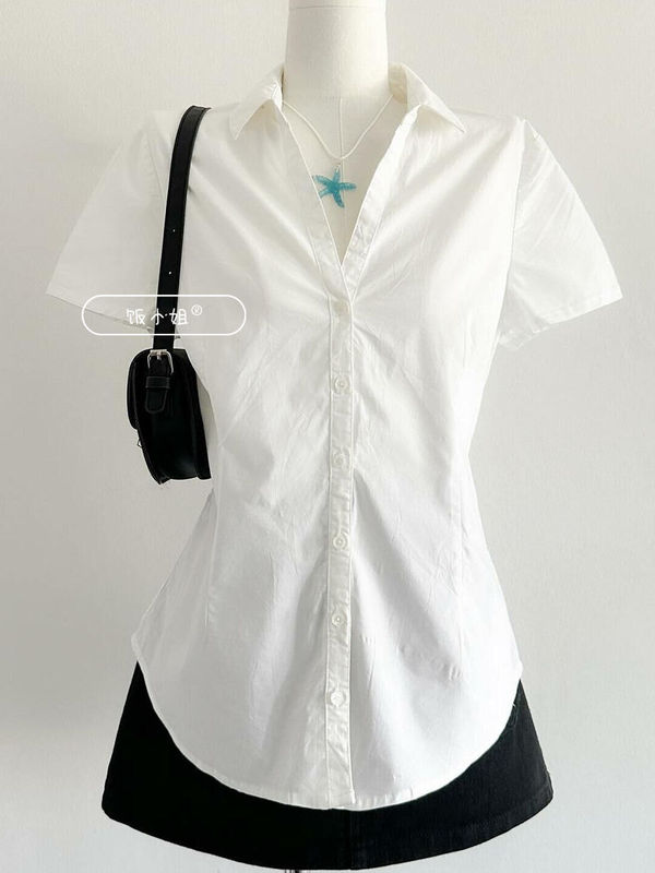 Vintage White Retro Waist-Cinching Shirt Top for Women, New Summer Design, Niche Solid Color Short-Sleeved Top