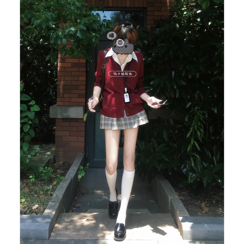Original Jk Uniform Early Autumn Jk College Style Burgundy Cardigan Sweater Lazy Coat Layered with Long-Sleeved Shirt Set