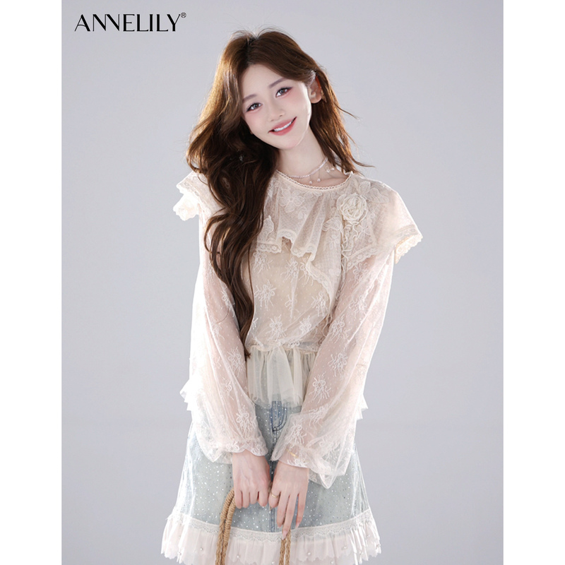 Annelily【Tea Mist】Spring and Summer Light Luxury Design Versatile Everyday Lace Shirt for Women Annelily【Tea Mist】Spring and Summer Light Luxury Design Versatile Everyday Lace Shirt for Women