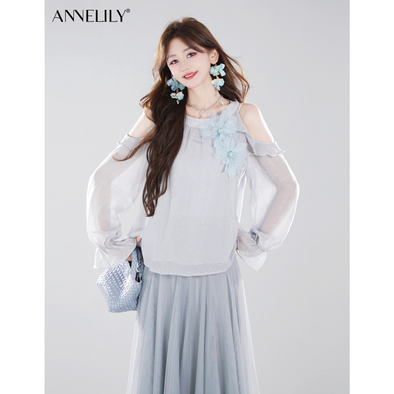 Anlili【Bingyu】Anqiqi Light Luxury Gentle Off-Shoulder Everyday Fashion Elegant Shirt for Women