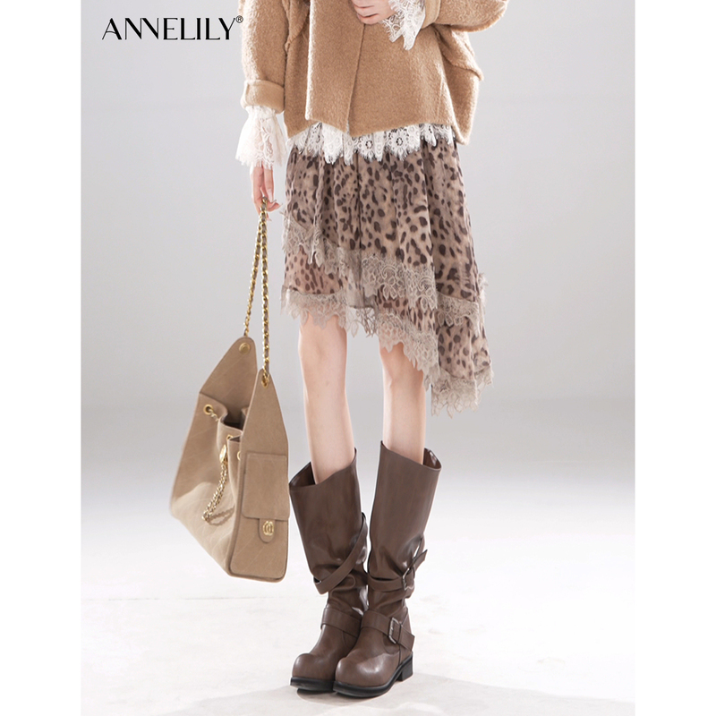 Annelily an Qi Qi【Encounter】Autumn Style Asymmetrical High-End Leopard Print Skirt with an Irregular and Elegant Vibe