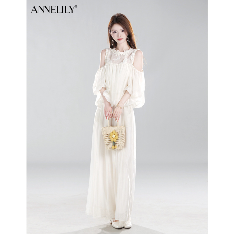 Annilly Angeliki【Minglan】Summer Style Light Luxury Gentle Off-Shoulder Elegant Lace Embroidery Two-Piece Set for Women