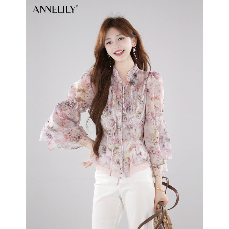 Annelily【Flower Cluster】Spring and Summer Light Luxury Design Elegant Lace Long-Sleeve Floral Shirt for Women
