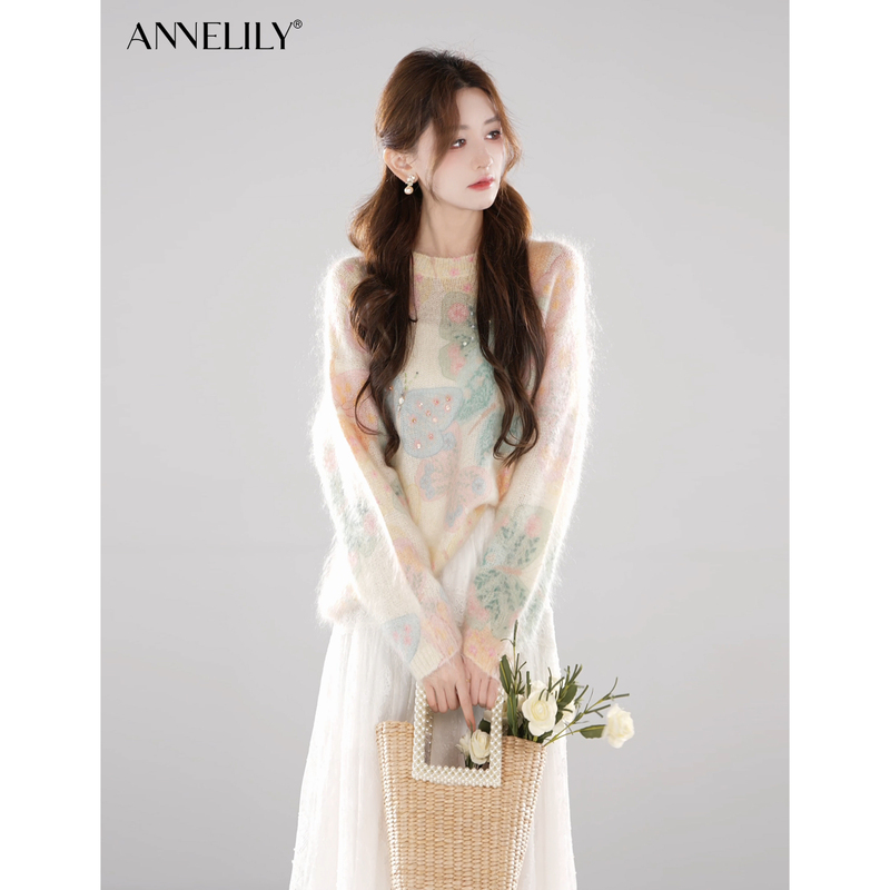 Annelily Angel Qi【Fantasy Butterfly】Autumn Heavy Craft Sweet and Gentle Butterfly Knit Sweater