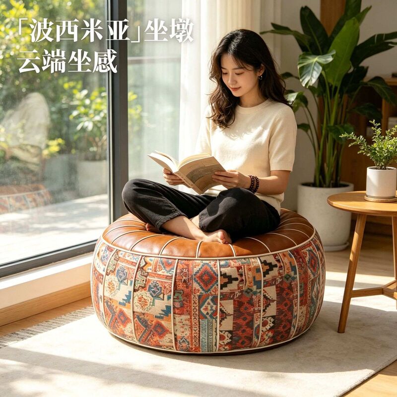 Bohemian Style Leather Pouf Storage Ottoman Old Clothes Stuffed Sofa Cover Living Room Bedroom Storage Stool Storage Box