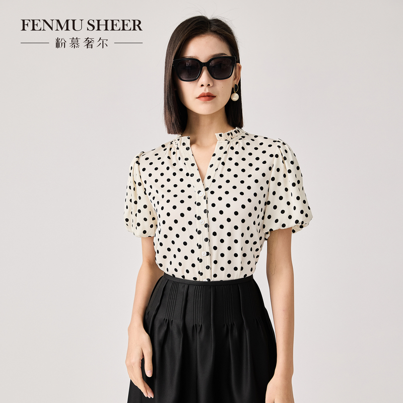 [Recommended by Huahua] Pink Mousse "Time Memory" Acetate French V-Neck Polka Dot Shirt-G2250