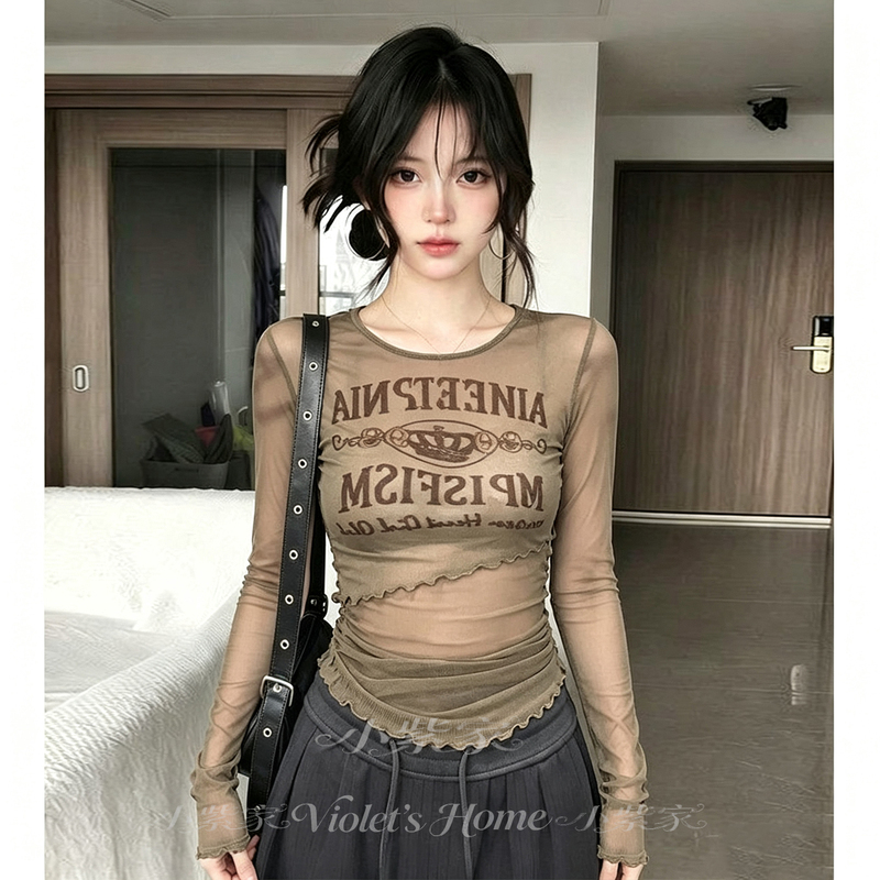 American-Style Spicy Girl Long-Sleeve T-Shirt 2026 New Autumn Slim-Fit Base Shirt, Slimming Versatile Anti-Print Mesh Top