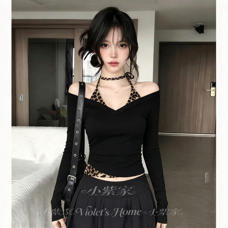 French-Style Pure Desire Spicy Girl Long-Sleeve Top 2026 New Spring and Autumn Leopard Print Tie-Up Halter Neck Off-Shoulder T-Shirt Base Shirt for Women French-Style Pure Desire Spicy Girl Long-Sleeve Top 2026 New Spring and Autumn Leopard Print Tie-Up Halter Neck Off-Shoulder T-Shirt Base Shirt for Women