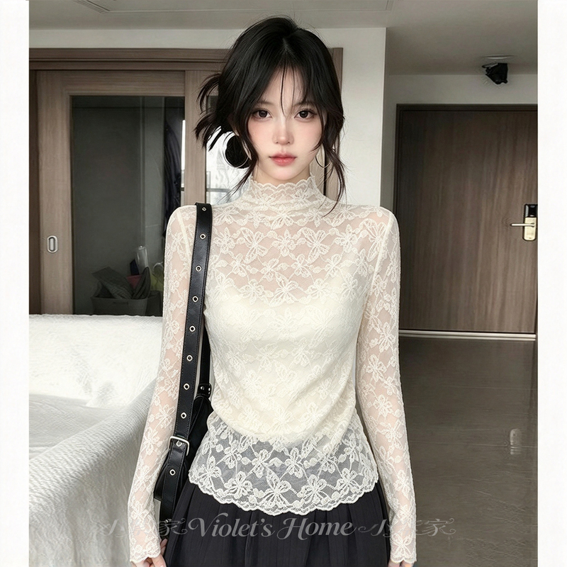 American-Style Spicy Girl Half-High Collar Ruffled Edge Base Shirt T-Shirt for Women 2026 Autumn Lace Jacquard Thin Sheer Mesh Top American-Style Spicy Girl Half-High Collar Ruffled Edge Base Shirt T-Shirt for Women 2026 Autumn Lace Jacquard Thin Sheer Mesh Top