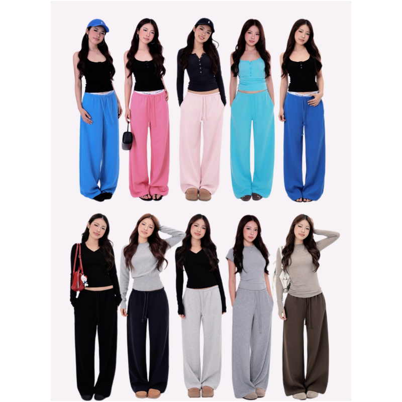 Mimiette Petite Mid-Low Waist Wide-Leg Straight Embroidered Sweatpants 6685 Relaxed Fit, Slimming Casual Pants