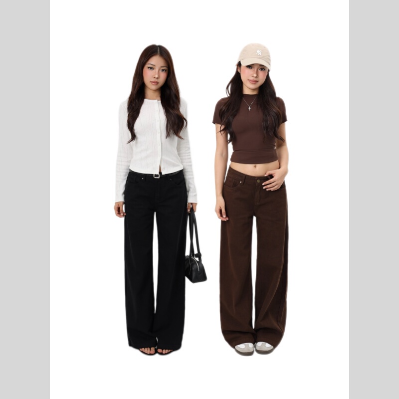 Mimiette Petite Low-Waisted Straight-Leg Color-Blocked Jeans L99 American Simple Style Slimming Versatile 100% Cotton Pants