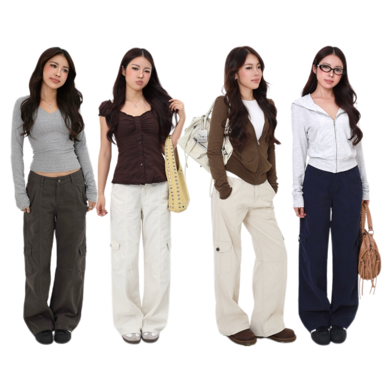 Mimiette Petite Multi-Pocket Heavy-Duty Slim-Fit Straight-Leg Cargo Pants L76 Versatile Slimming Pants