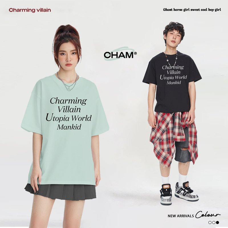 Cham Charming Villain 210g Pure Cotton Original Letter Commuter Short-Sleeved T-Shirt for Women Summer Pure Cotton Large Size Top Cham Charming Villain 210g Pure Cotton Original Letter Commuter Short-Sleeved T-Shirt for Women Summer Pure Cotton Large Size Top