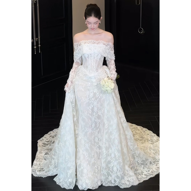 French-Style Lace Light Wedding Dress for Brides 2026 New Model Off-Shoulder Mermaid Gown Simple and Lightweight for Welcoming Guests and Going Out French-Style Lace Light Wedding Dress for Brides 2026 New Model Off-Shoulder Mermaid Gown Simple and Lightweight for Welcoming Guests and Going Out