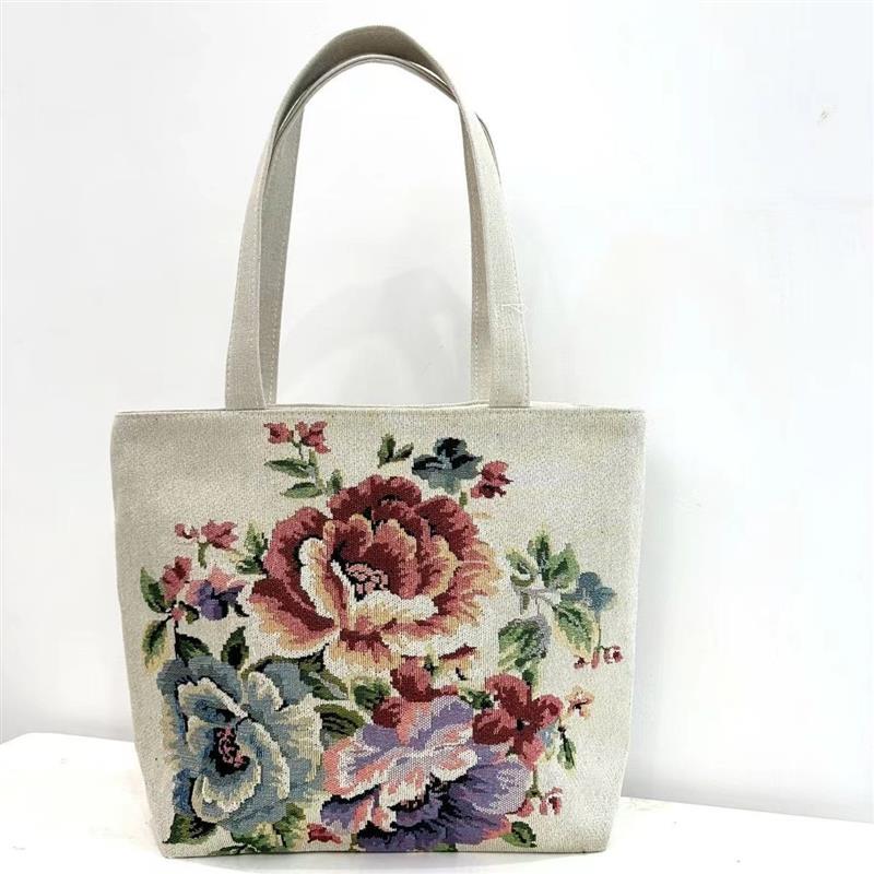 Double-Sided Gold Thread Embroidered Canvas Bag, Embroidered Handbag, Middle-Aged and Elderly Handbag, Hand-Held Bag for Going Out, Internet Celebrity Hot Item