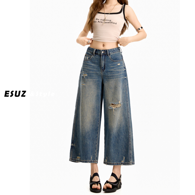 Vintage Distressed Cropped Ripped Jeans for Women, Summer Thin Style, Loose Wide-Leg Straight Pants, Seven-Eighths Length