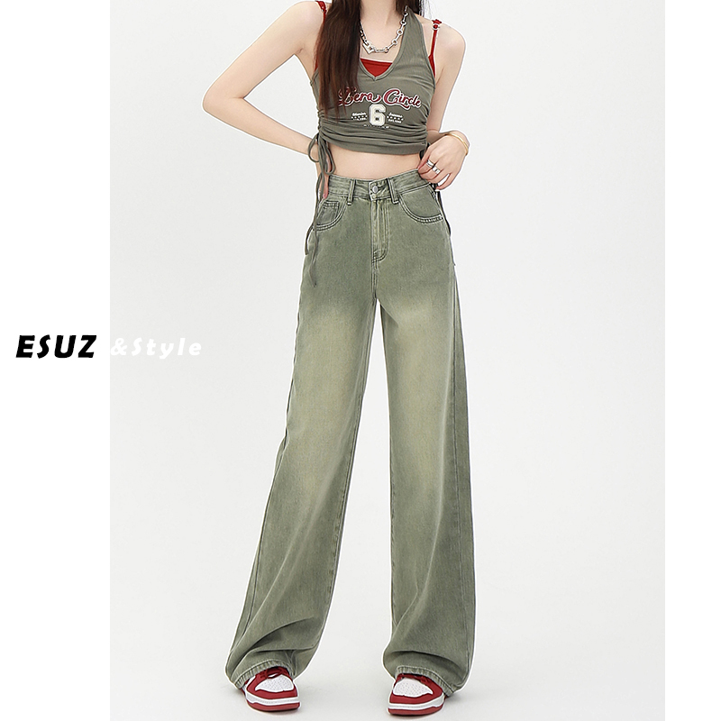 Vintage Olive Green Narrow Straight-Leg Jeans for Women, Summer Thin Style, American High-Waisted, Loose Fit, Slimming, Cool and Stylish Wide-Leg Pants