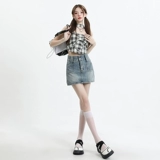 Летняя джинсовая юбка, мини-юбка, А-силуэт, высокая талия, с акцентом на бедрах