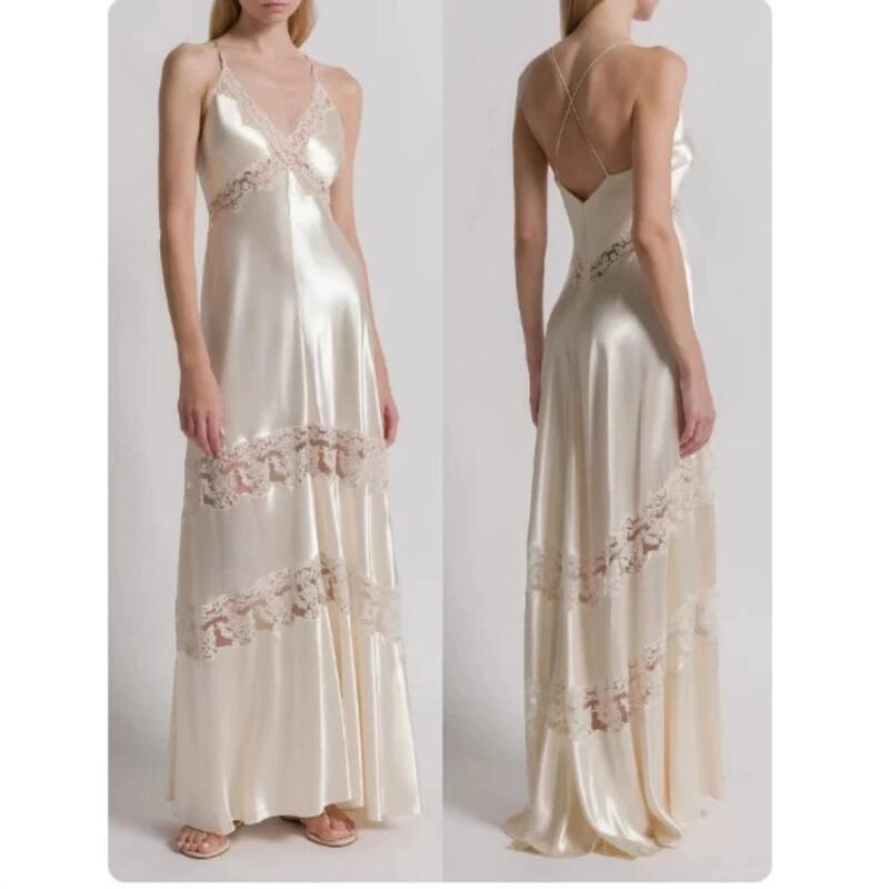 {Floating Shadow Moonlight} French-Style Elegant Satin Drape Camisole Nightgown for Women with Thin Straps, Lace Long Dress, Sexy Sleepwear